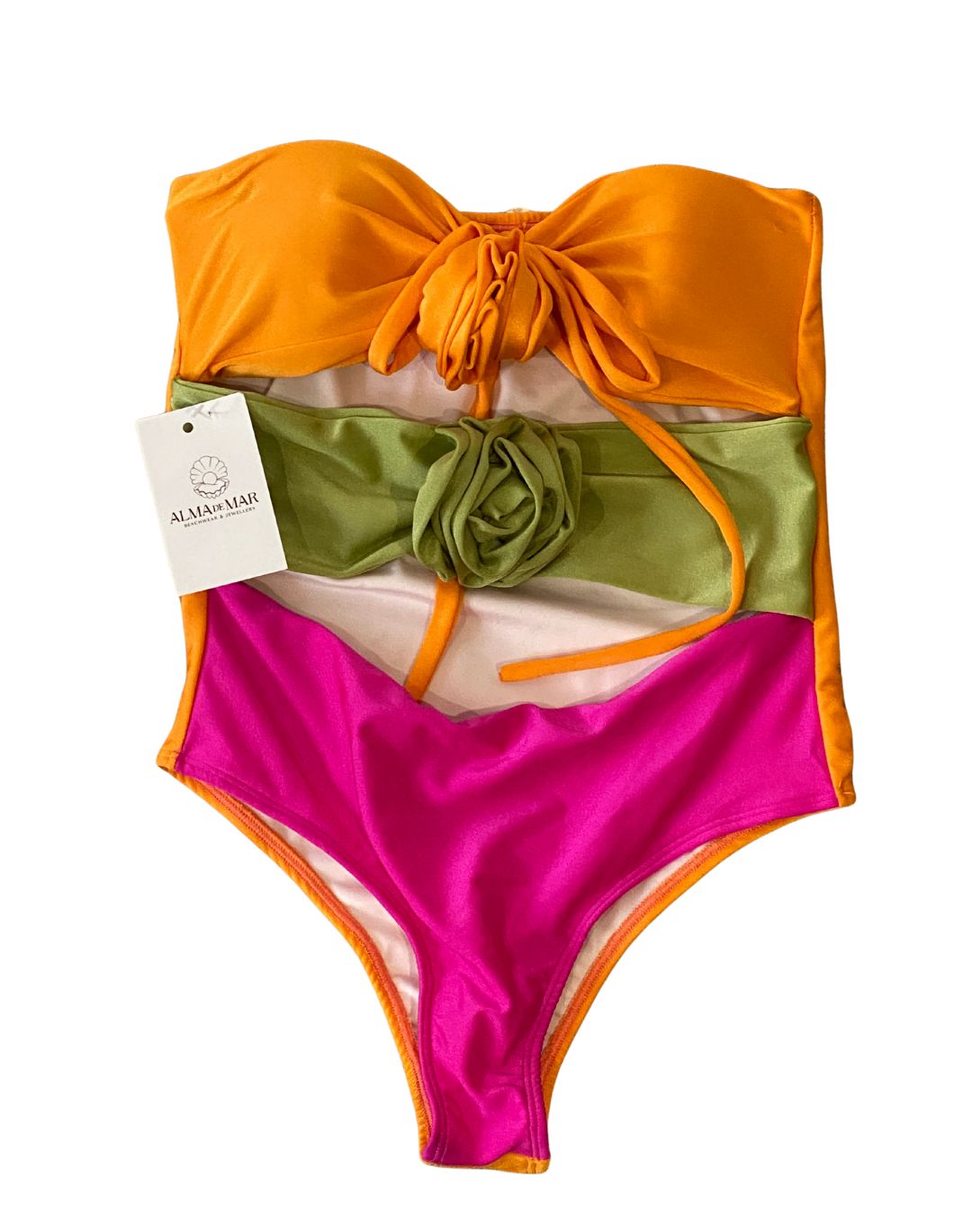 Rose applique strapless cut-out one piece tricolor - (MAR-2004)