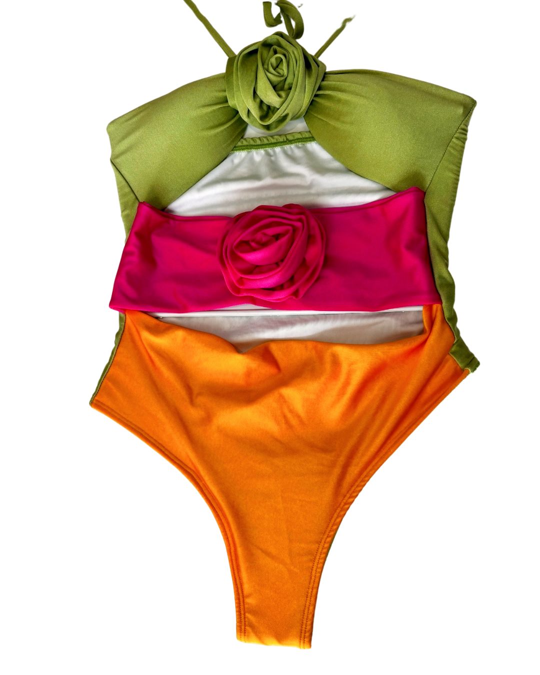 Rose applique strapless cut-out one piece tricolor - (MAR-2004)